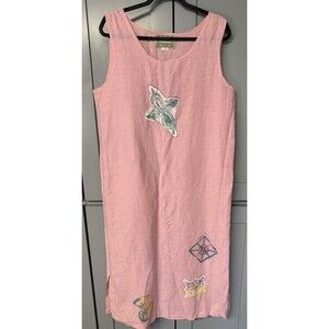 Entity florida coastal Shift Midi Dress Large‎ Shell Print Sleeveles Pink Slit